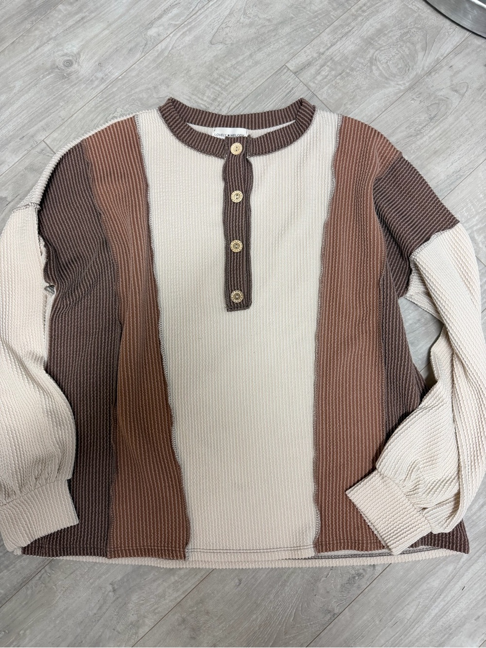 Lovely Melody Cream & Brown Colorblock Waffle Henley